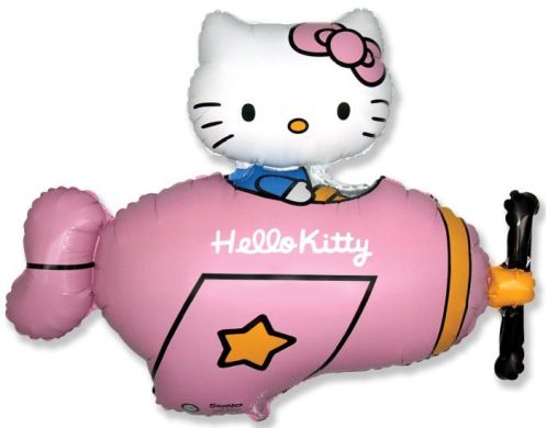 5207-0003 Шар фольгированный с гелием  Hello Kitty в самолете розовом, размер 90х70 см